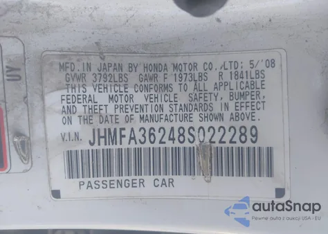2008 Honda Civic Hybrid z USA, uszkodzony, nr VIN JHMFA36248S022289